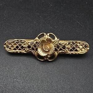 1928 Brand Gold Tone Flower Bar Brooch Vintage Costume Jewelry